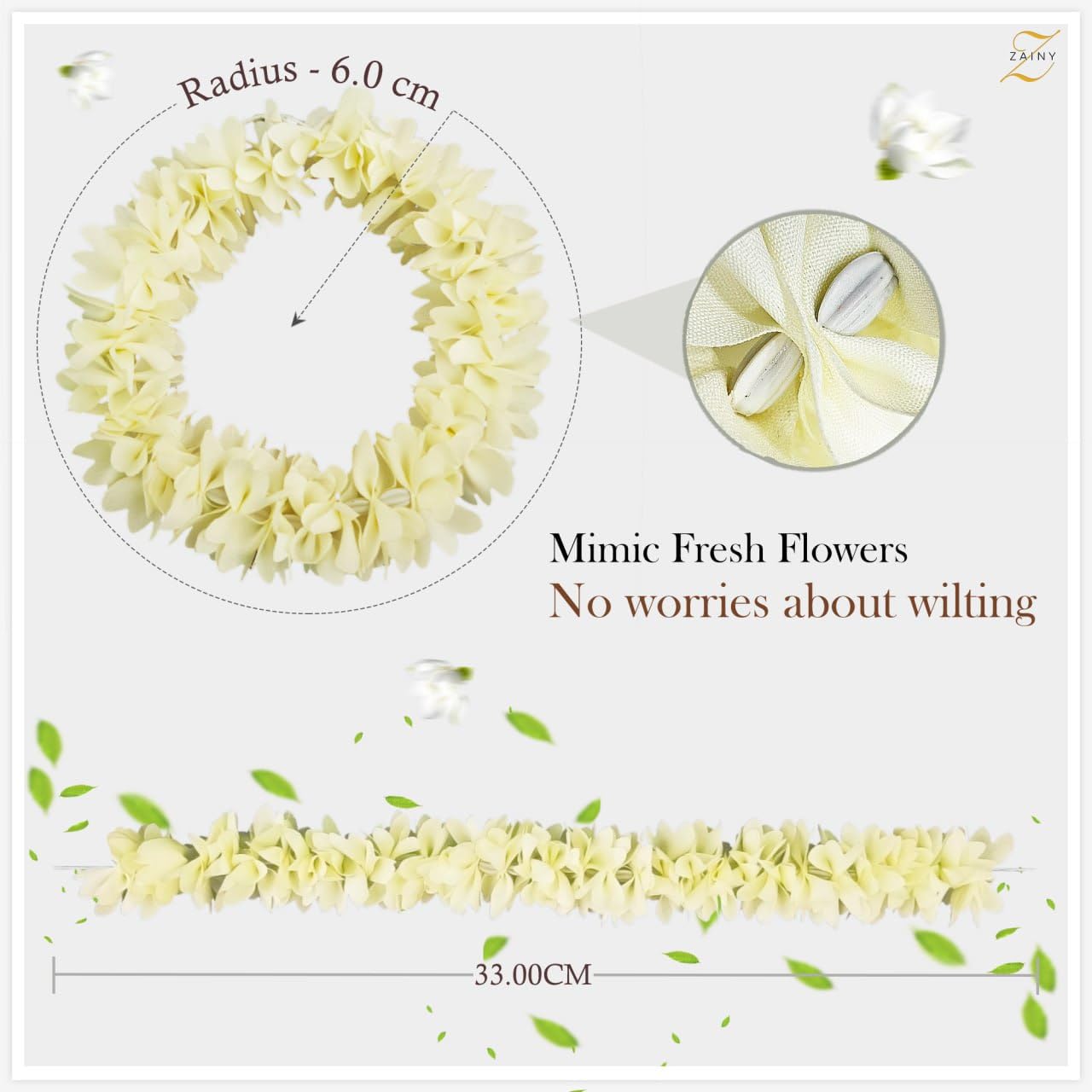 ZAINY non scented fabric mogra garland demonstrating its thirteen inch flexible length