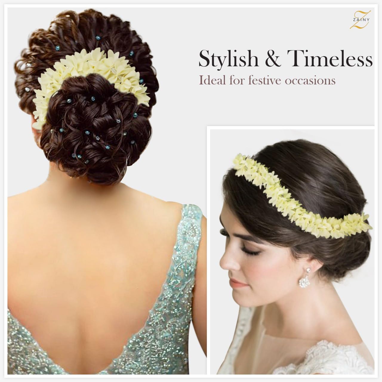 Complete packaged set of six ZAINY artificial white mogra gajras displaying product labels