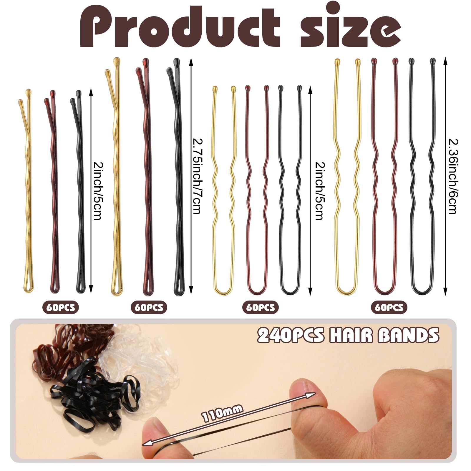 Assorted black brown and gold bobby pins displayed next to elastic rubber bands for professional hair styling.