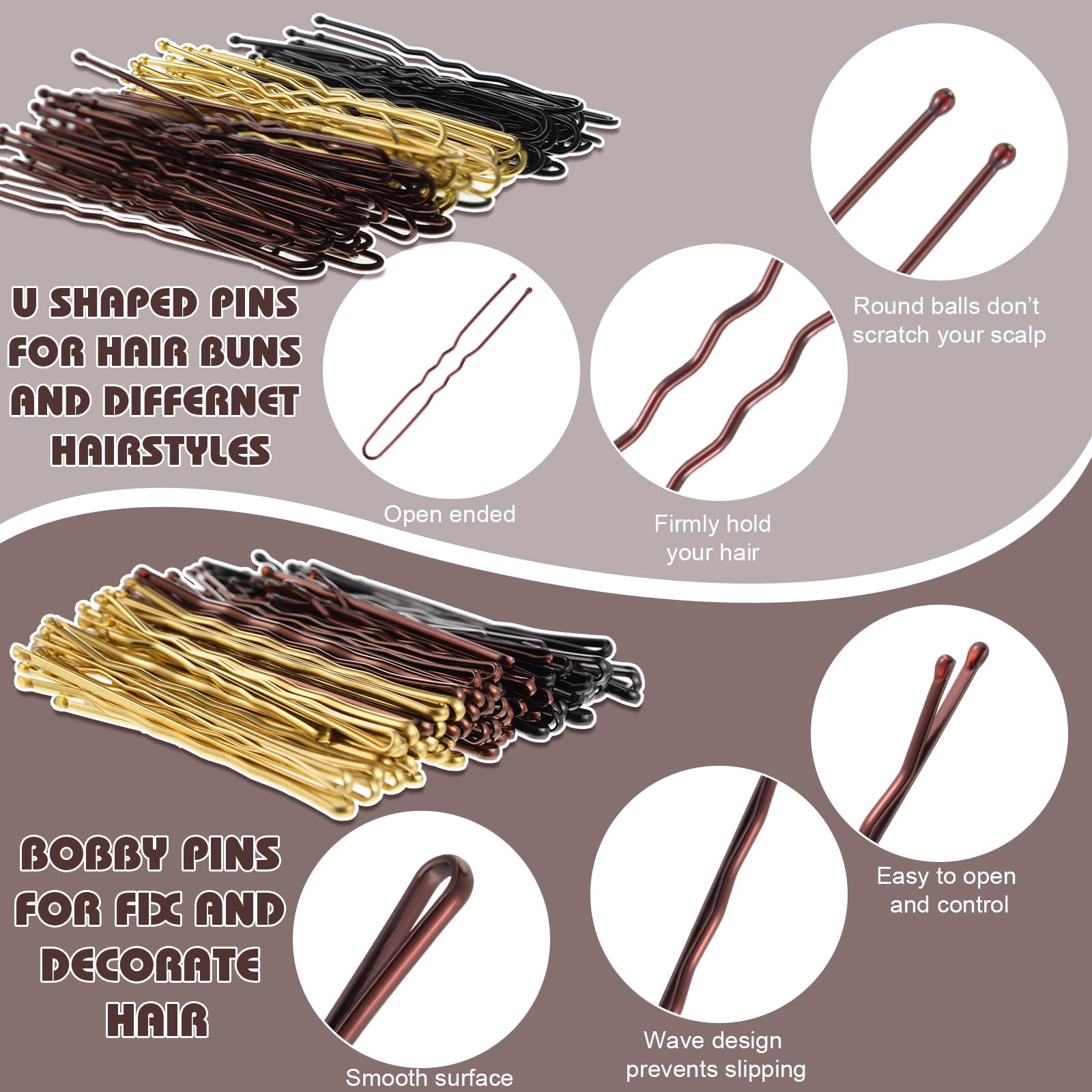 Close up view of the rust resistant steel hairpins showing the protective smooth rounded tips for scalp safety.