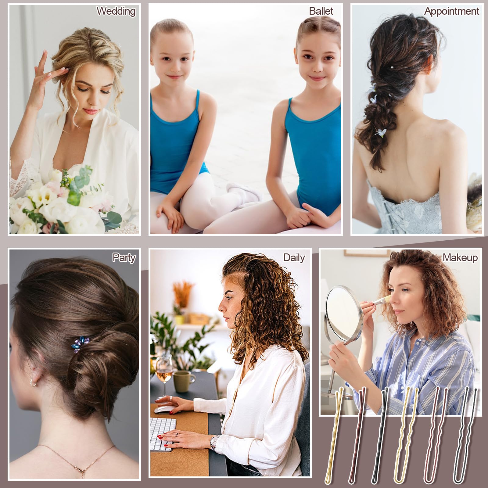 U shaped hair pins for buns demonstrated alongside classic hairpins inside the compartmentalized travel friendly container.