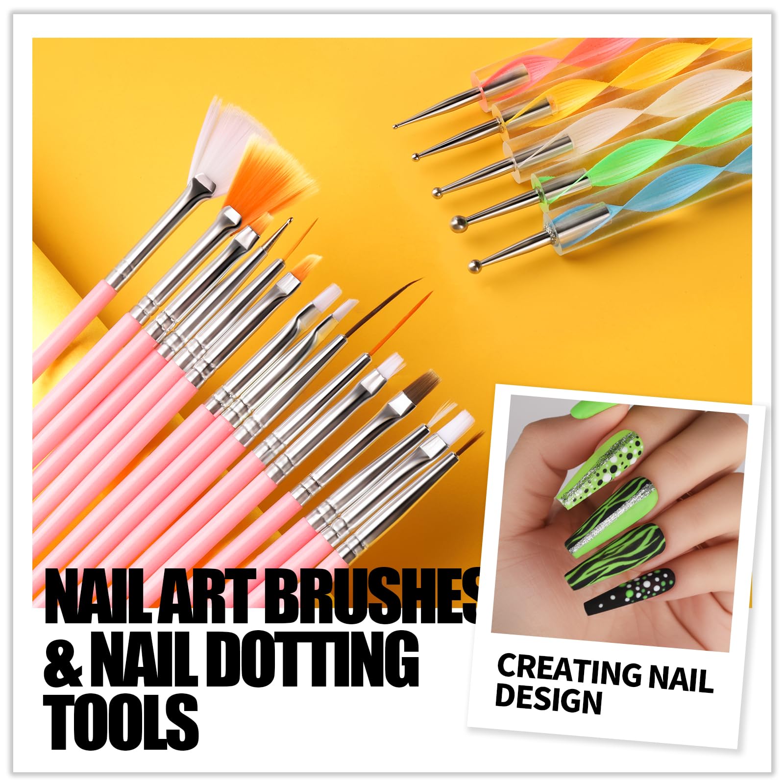 Fifteen pink acrylic nail design brushes and five double ended dotting tools displayed flat
