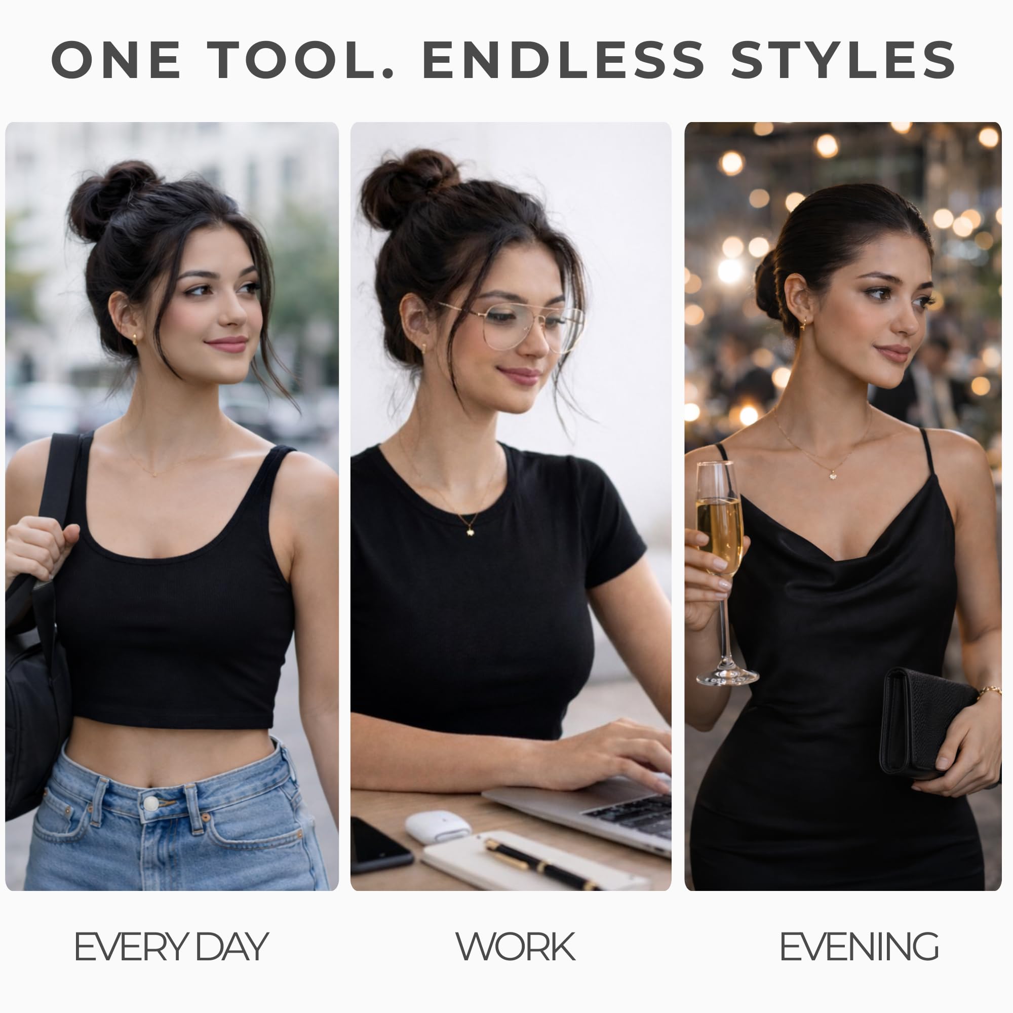 Step by step visual demonstration of the black magic foam sponge accessory being rolled up a ponytail.