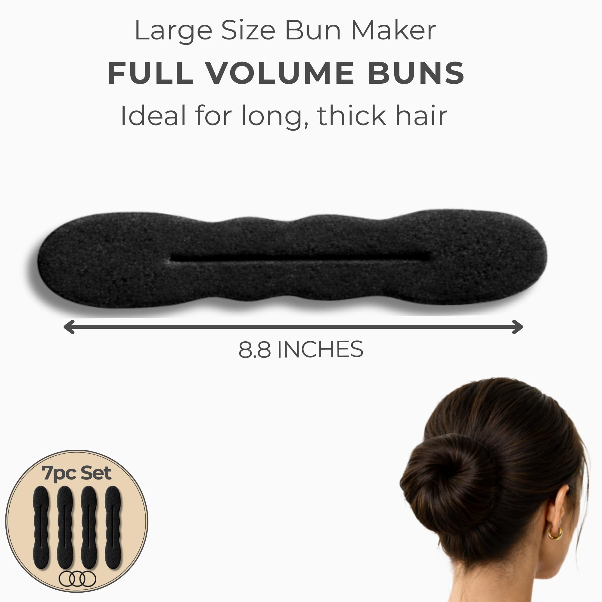 Packaging layout of the four piece large foam bun makers alongside three premium black hair ties for updos.