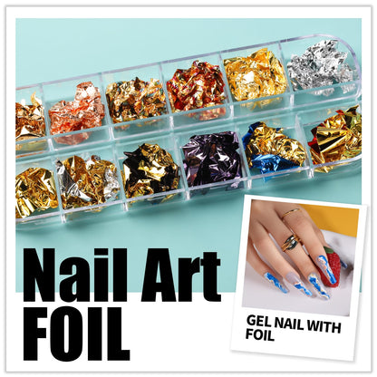 Boxed metallic nail foils in twelve colors alongside creative salon design supplies