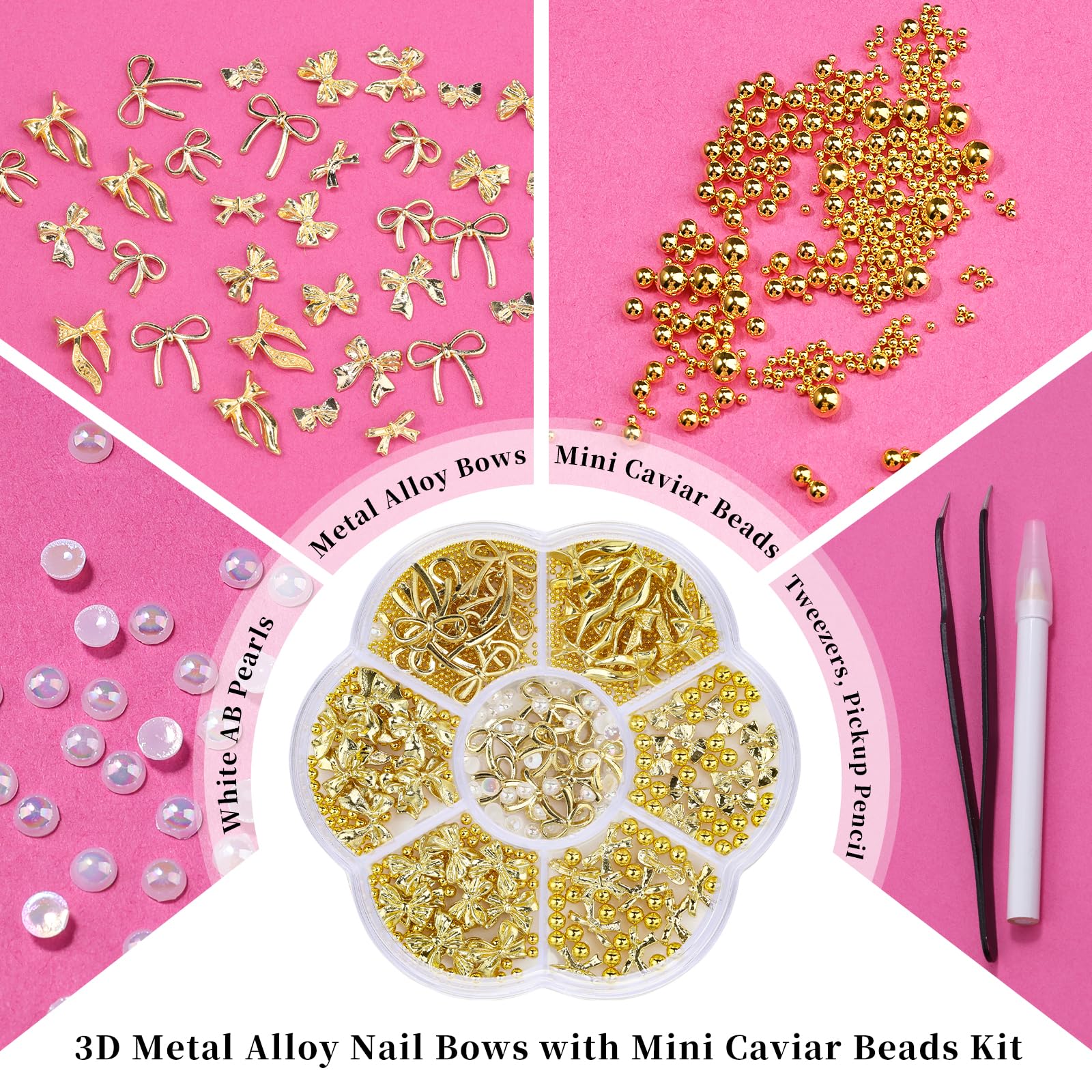 Close up of gold and silver bowknot charms in petal box