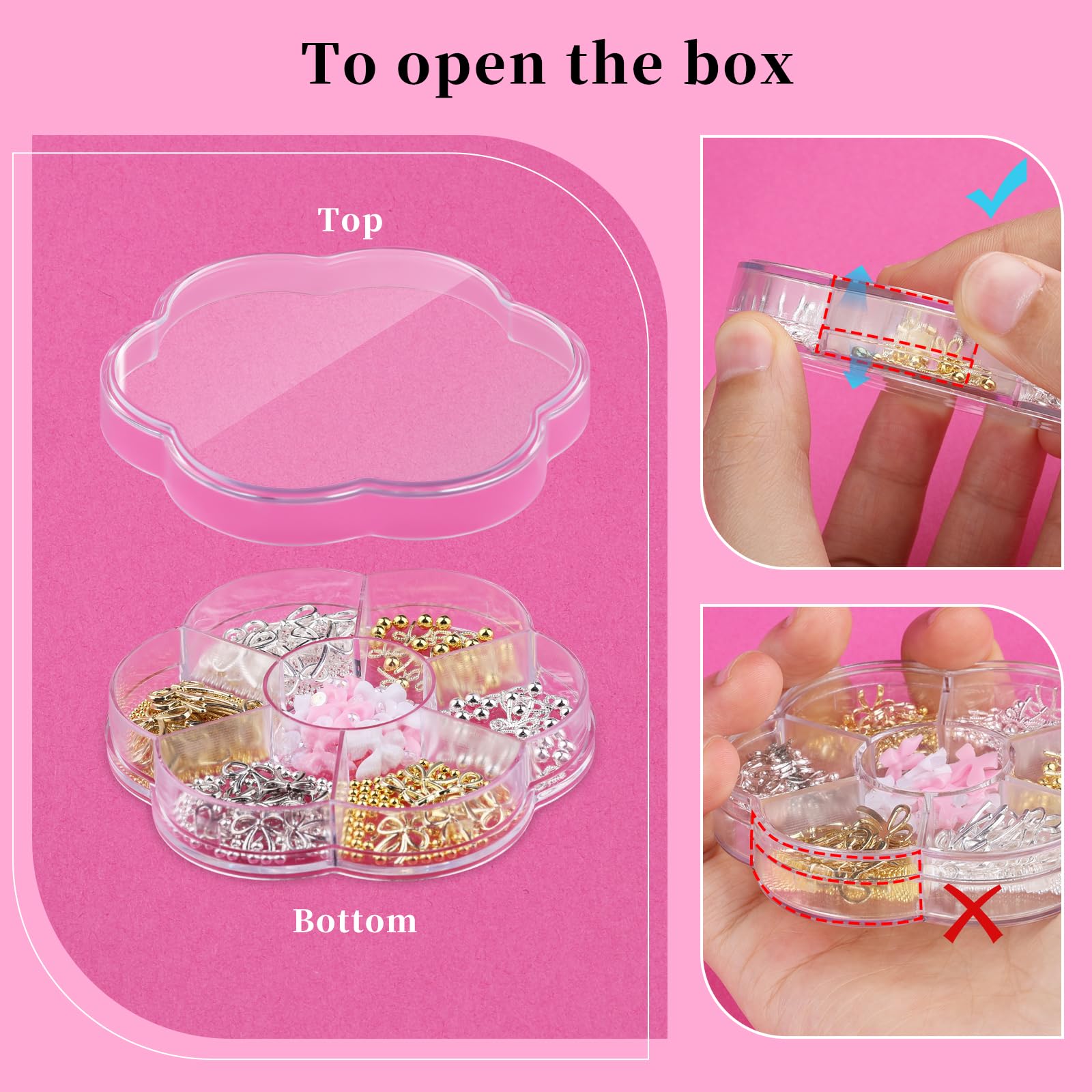 Petal shaped storage box for nail art jewelry open
