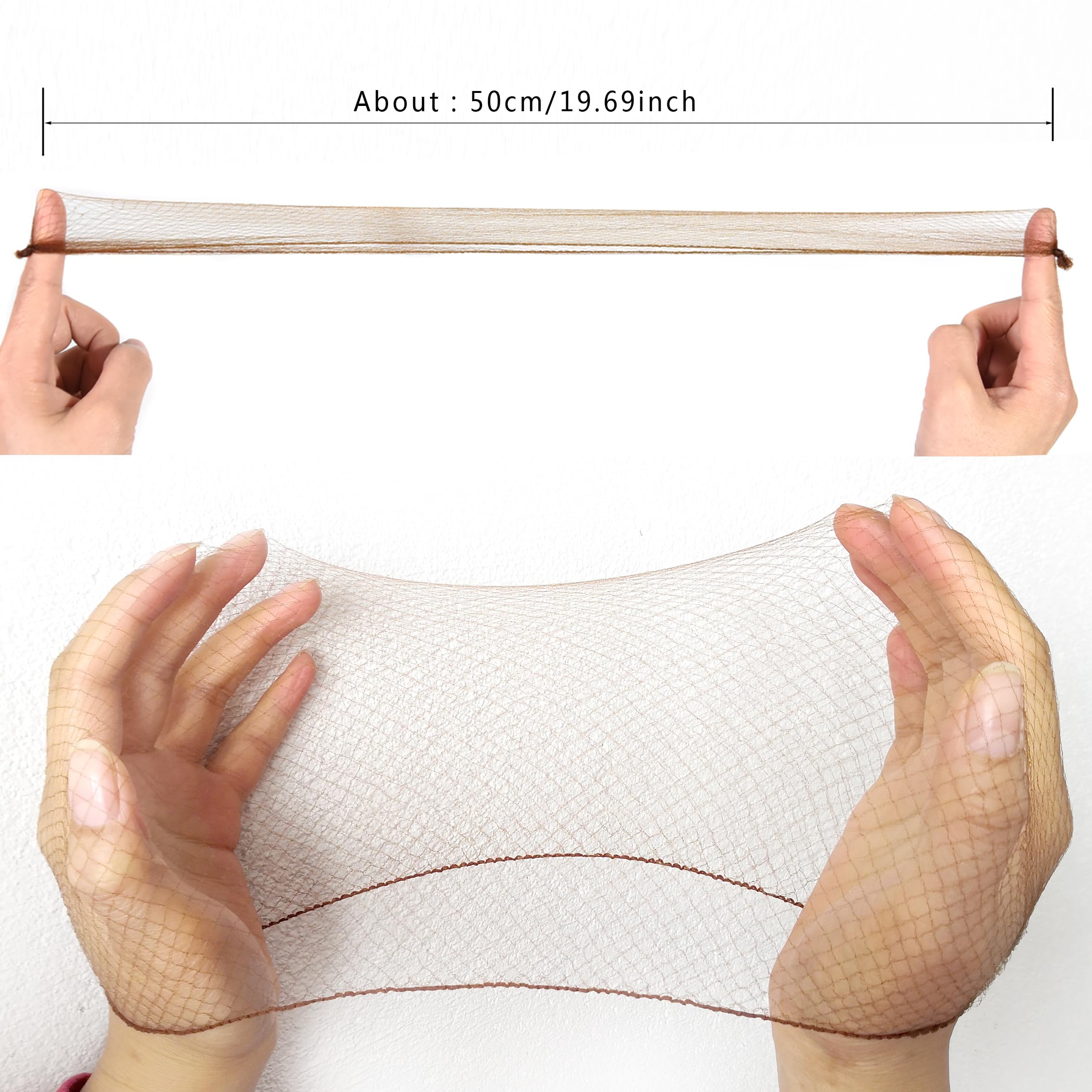 Fifty piece bulk packing of brown nylon hair nets showcasing elasticity