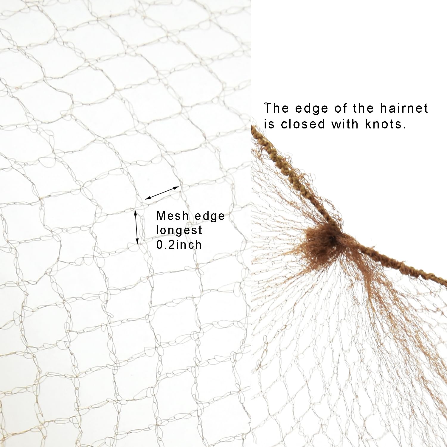 Close up view of the five millimeter invisible mesh pattern on brown hair net