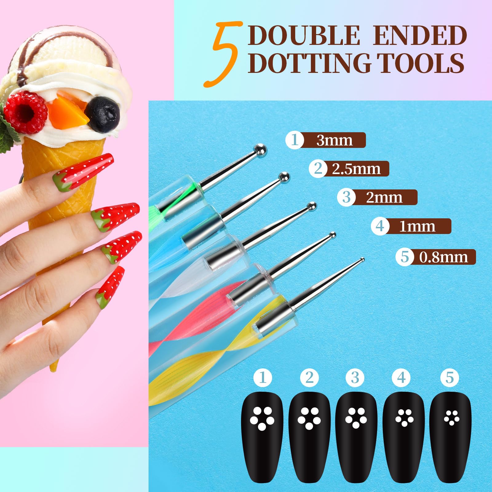 Close up view of the various brush heads including fan, liner, and flat detailing brushes.