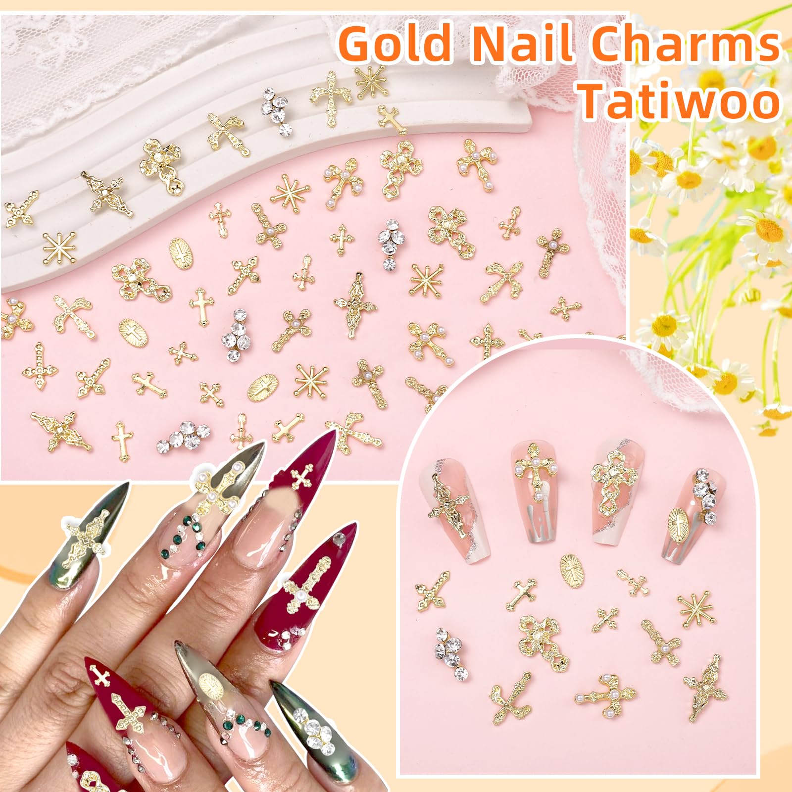 Application demonstration of Tatiwoo gold alloy nail jewels on acrylic nails