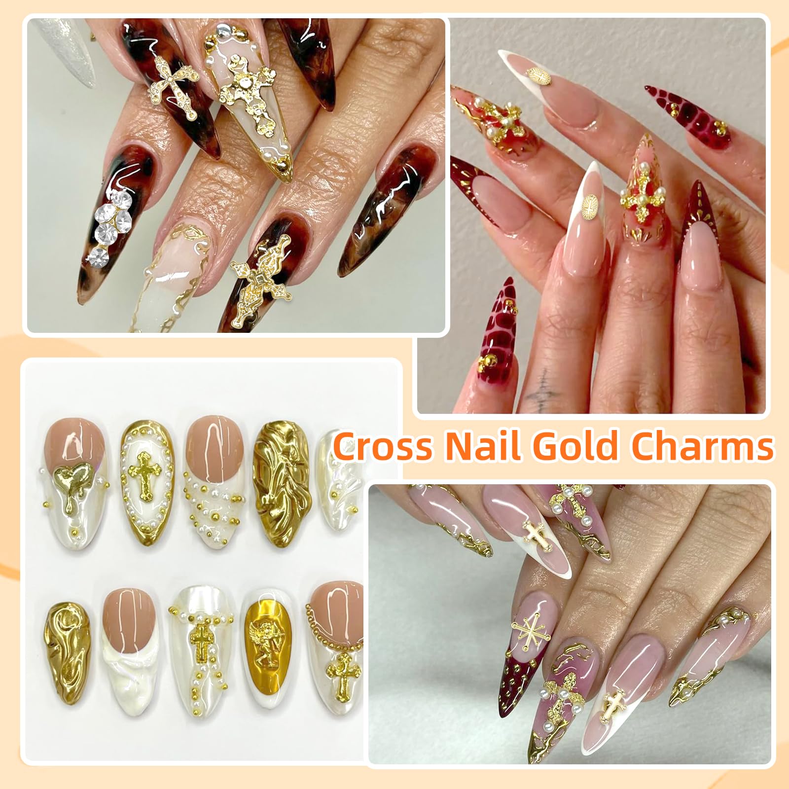 Tatiwoo gold nail accessories showing variety of shapes and sizes