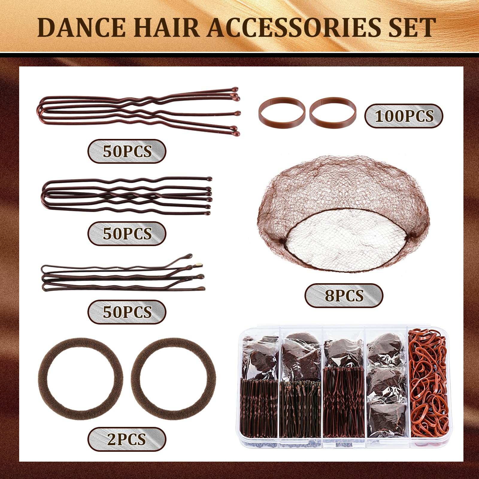 Close-up view of the brown bobby pins and U-shaped pins from the premium ballet hair kit