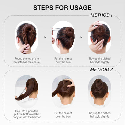 Comparison of brown hair net against dark hair showcasing its invisible property