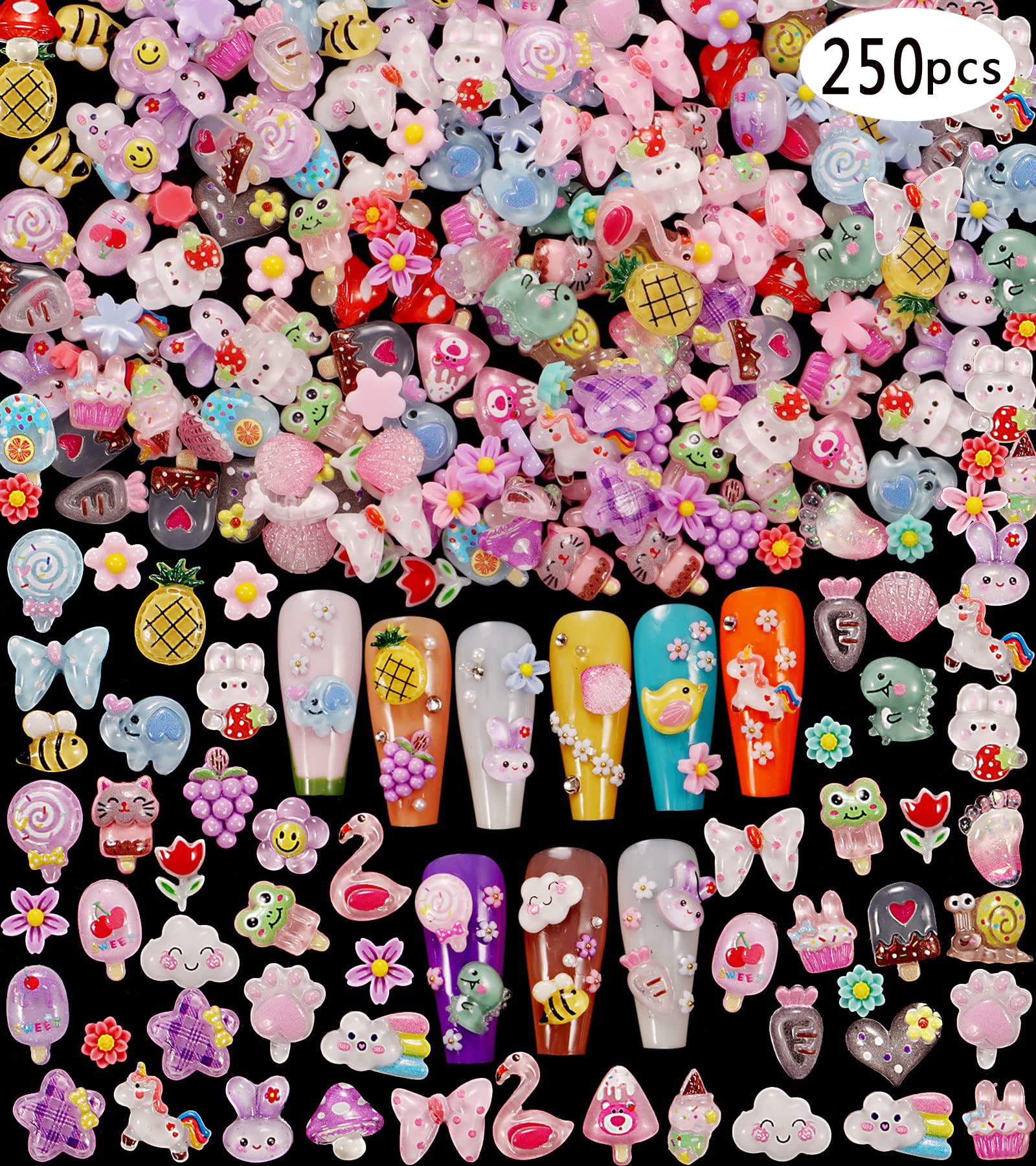 Close up view of multicolored flatback miniature resin bears and flowers for acrylic nail art.