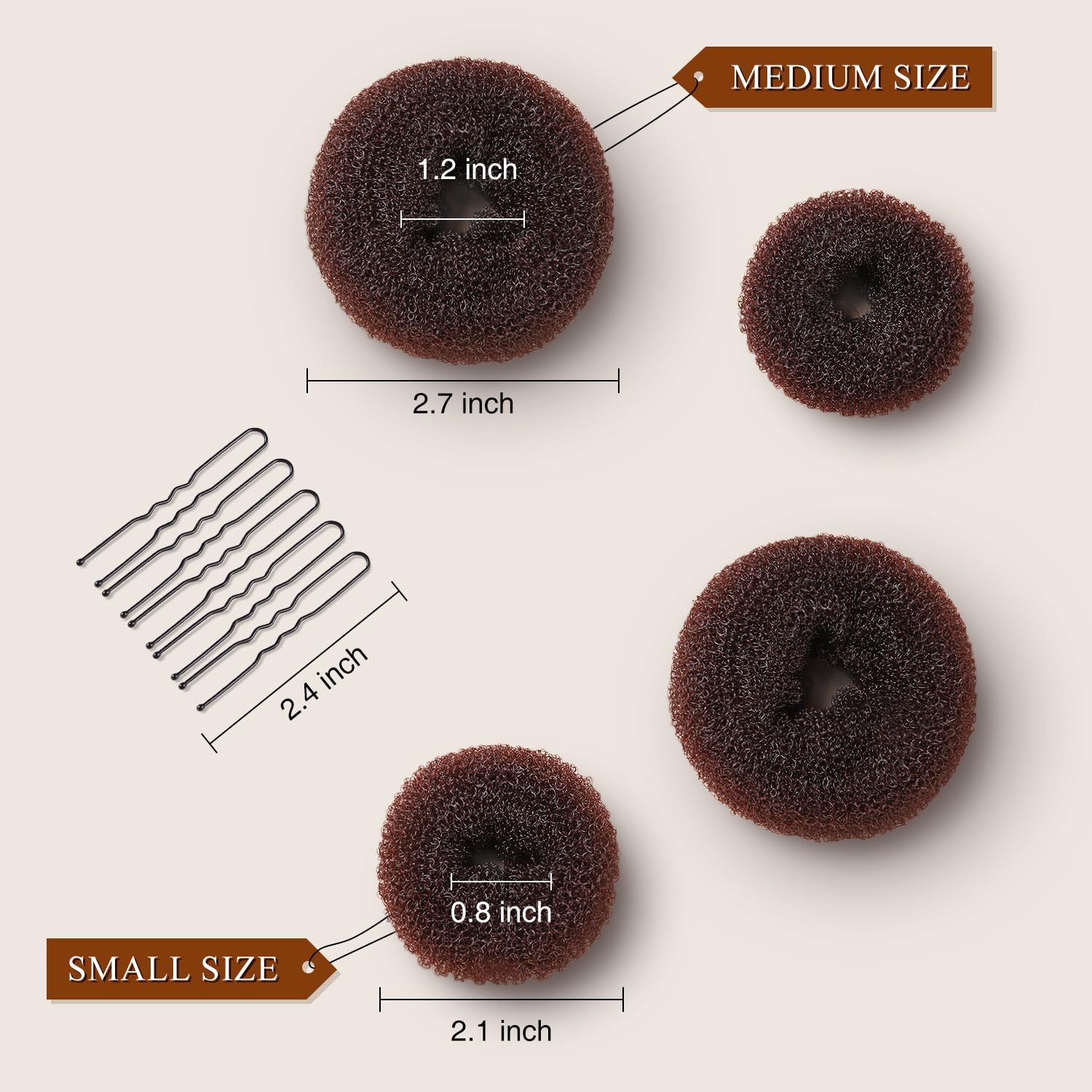 Morgles brown hair donut bun accessories in medium and small sizes for versatile styling.