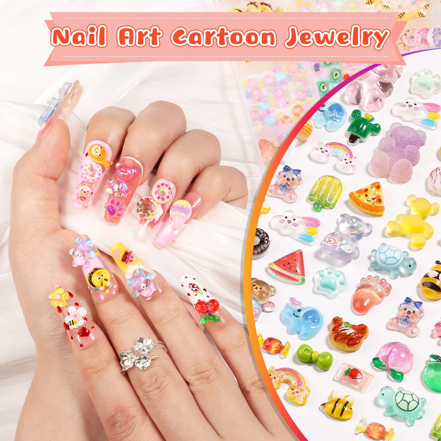 Close up of Kikonoke gummy bear and fruit nail charms