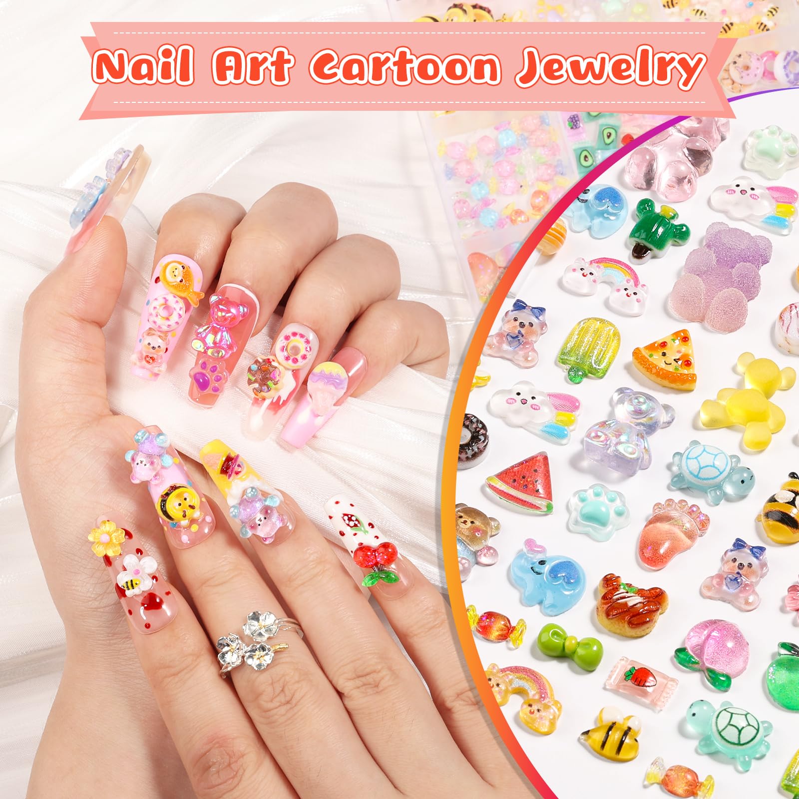 Close up of Kikonoke gummy bear and fruit nail charms