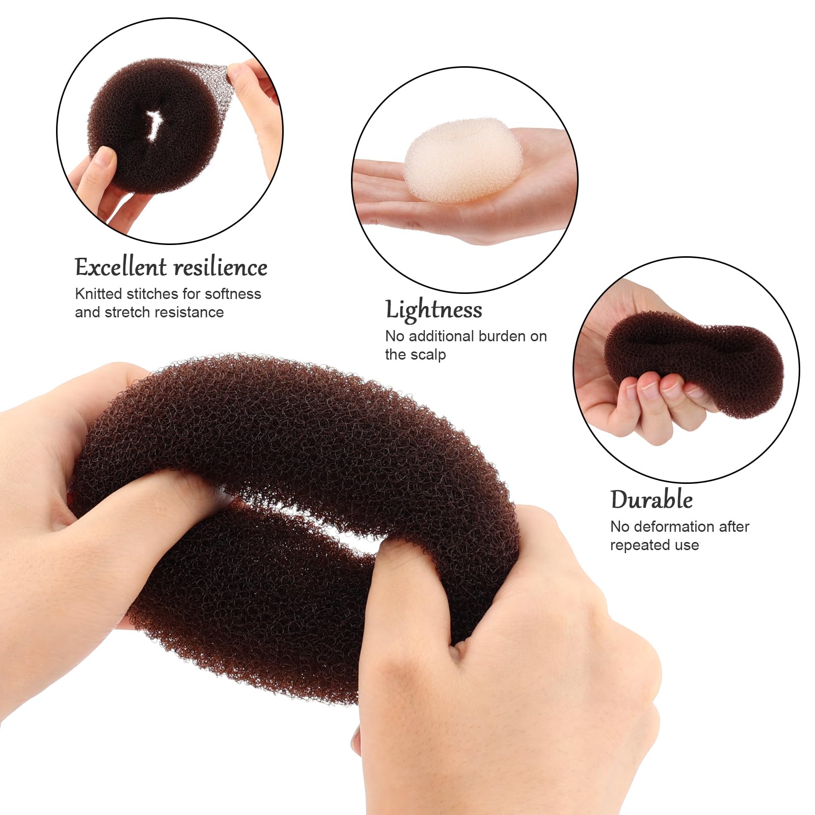 Close up look at the lightweight breathable nylon material of the dark brown hair donut.