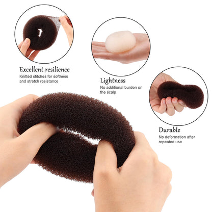 Close up look at the lightweight breathable nylon material of the dark brown hair donut.