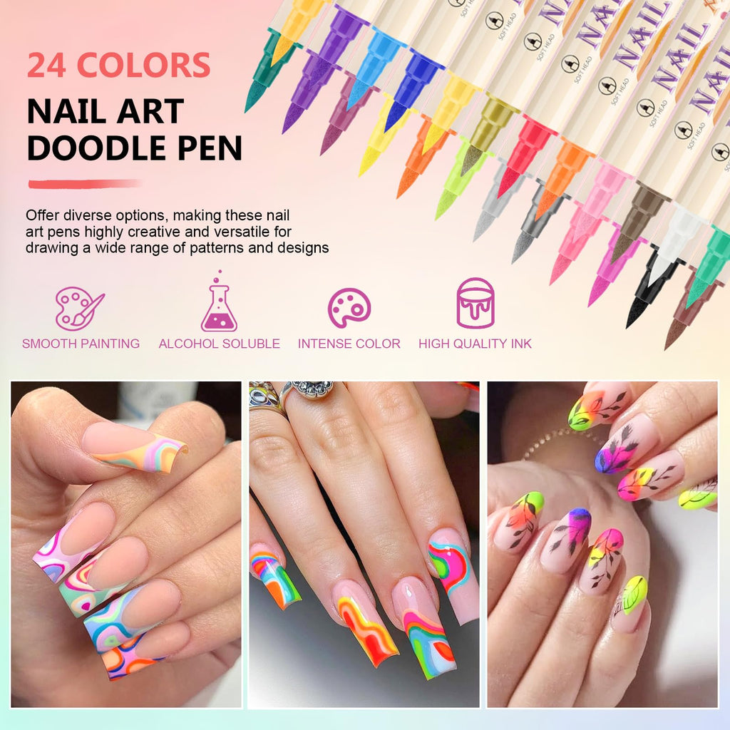 Manicure tools set displayed with sample nail art creations