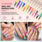 Manicure tools set displayed with sample nail art creations
