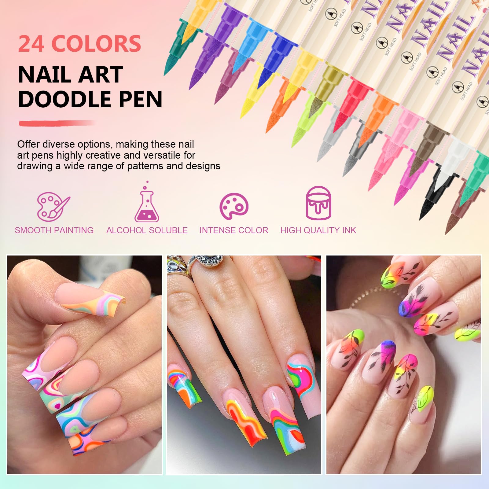 Collection of 24 vibrant color nail art pens by Ponhey