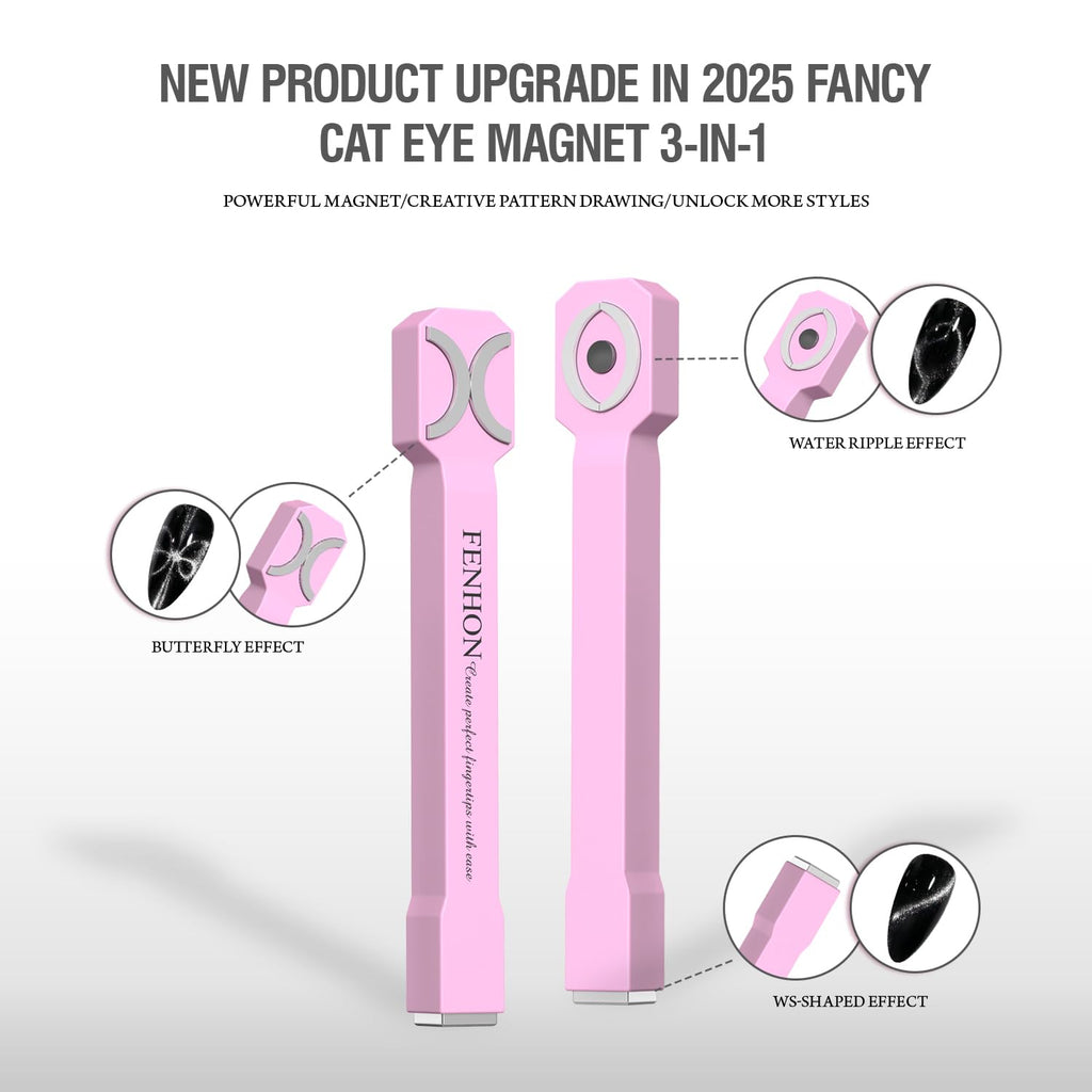 Vayve Wegodal magnetic wand displayed alongside sample nail tips with 3D cat-eye designs.