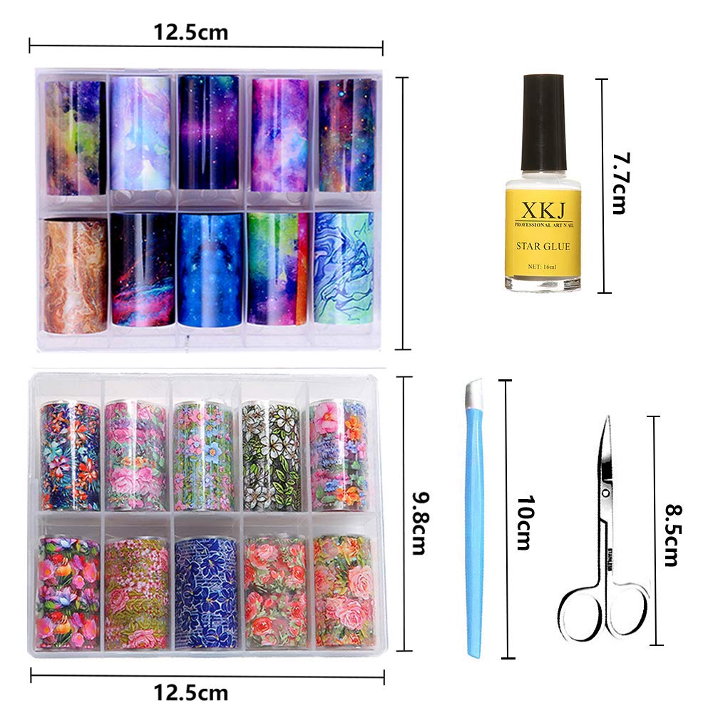 Close up shot of Kalolary holographic nail art transfer stickers displaying vibrant starry sky patterns and colors.
