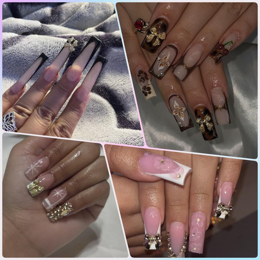 Manicure showcase featuring OPMADM metal bow nail charms