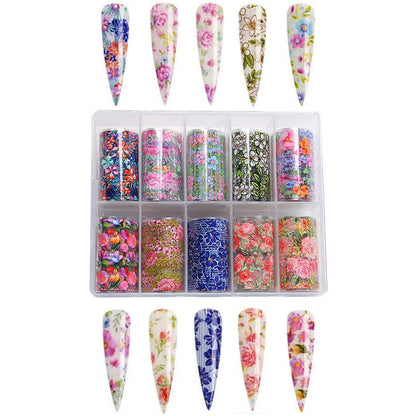 Step by step visual demonstration of applying Kalolary starry sky foil sheets onto a finished manicure.