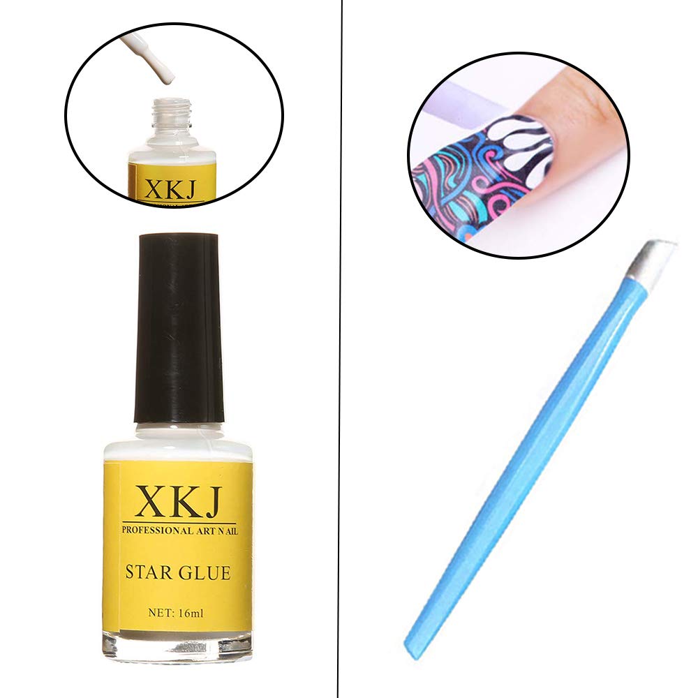 Manicure display showing the completed shimmering metallic results of the Kalolary holographic transfer foils on long nails.