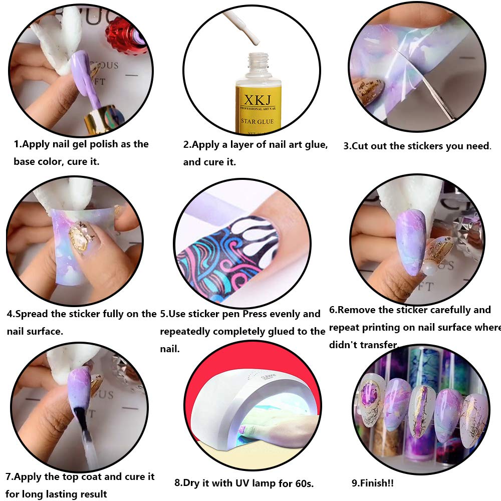 Finished holographic nail art design applied on model fingers.