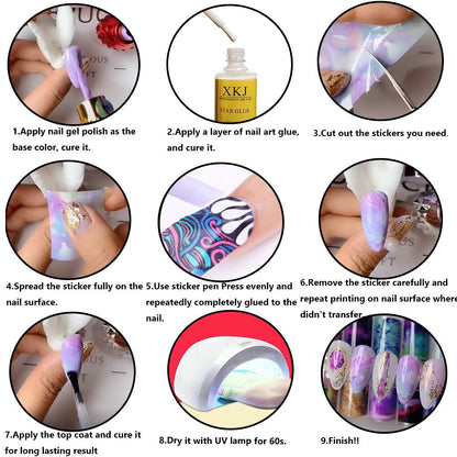 Two storage boxes opened to reveal all twenty distinct colors of the Kalolary starry sky nail wrap collection.