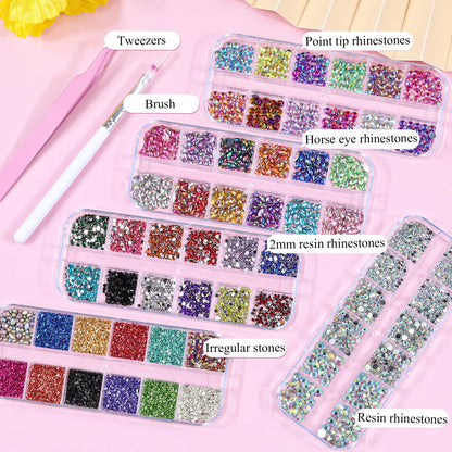 Premium flatback horse eye resin rhinestones shining in twelve distinct rainbow colors for detailed nail designs.