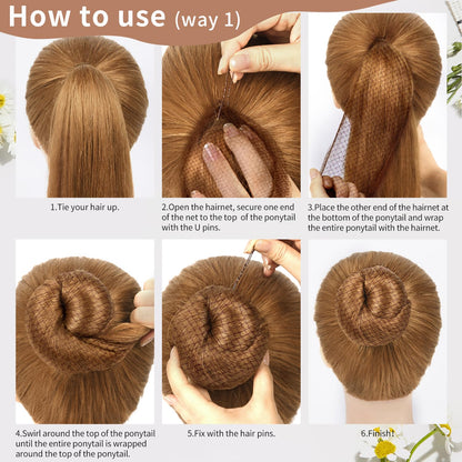 TsMADDTs dance bun maker kit showing step by step illustration of secure hair styling results