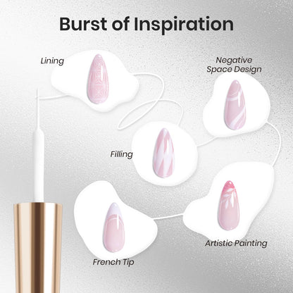Close up of the precise fine brush tip drawing a clean white line on a nail surface