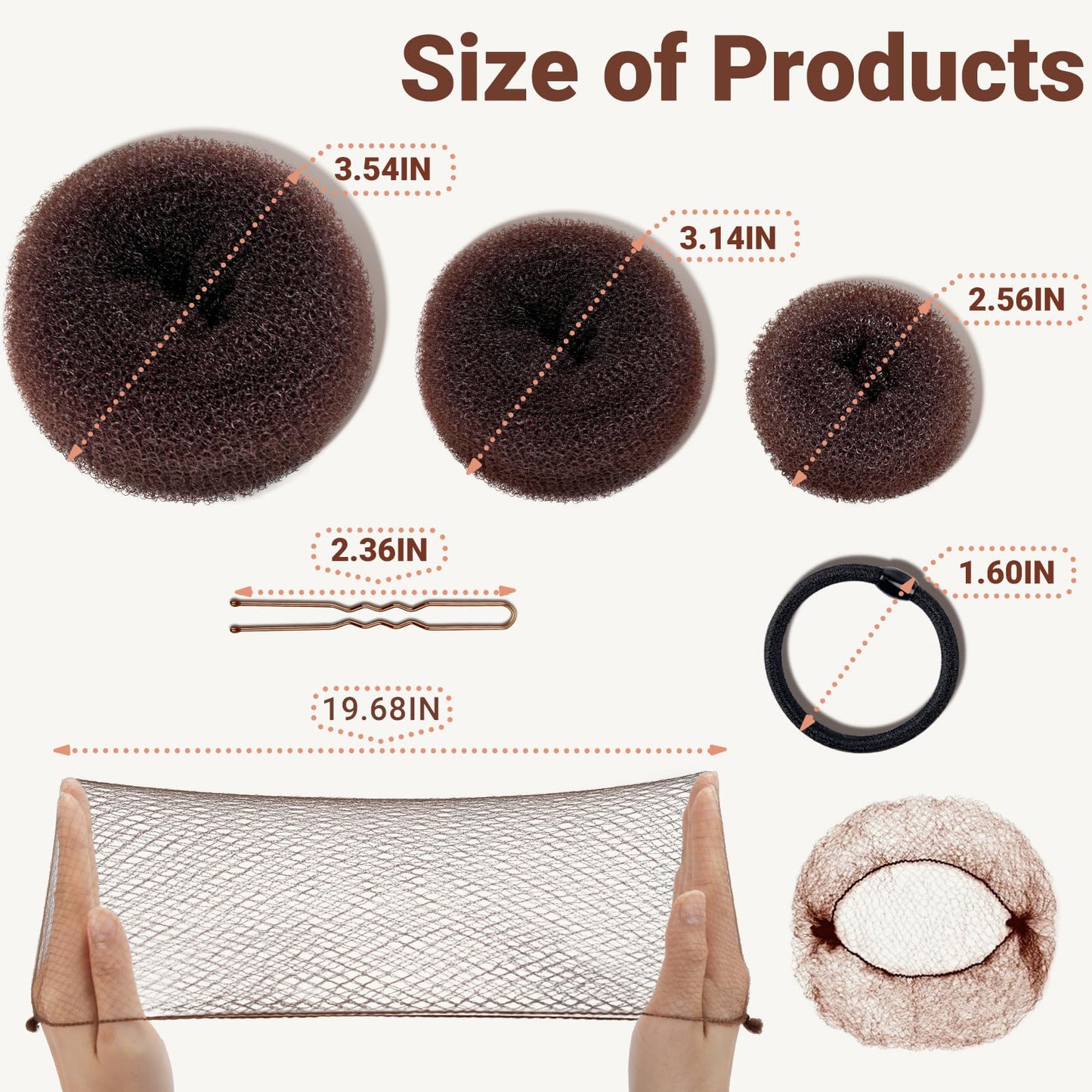 Close up of three different sizes of brown nylon donut hair bun shapers for varying hair volumes.