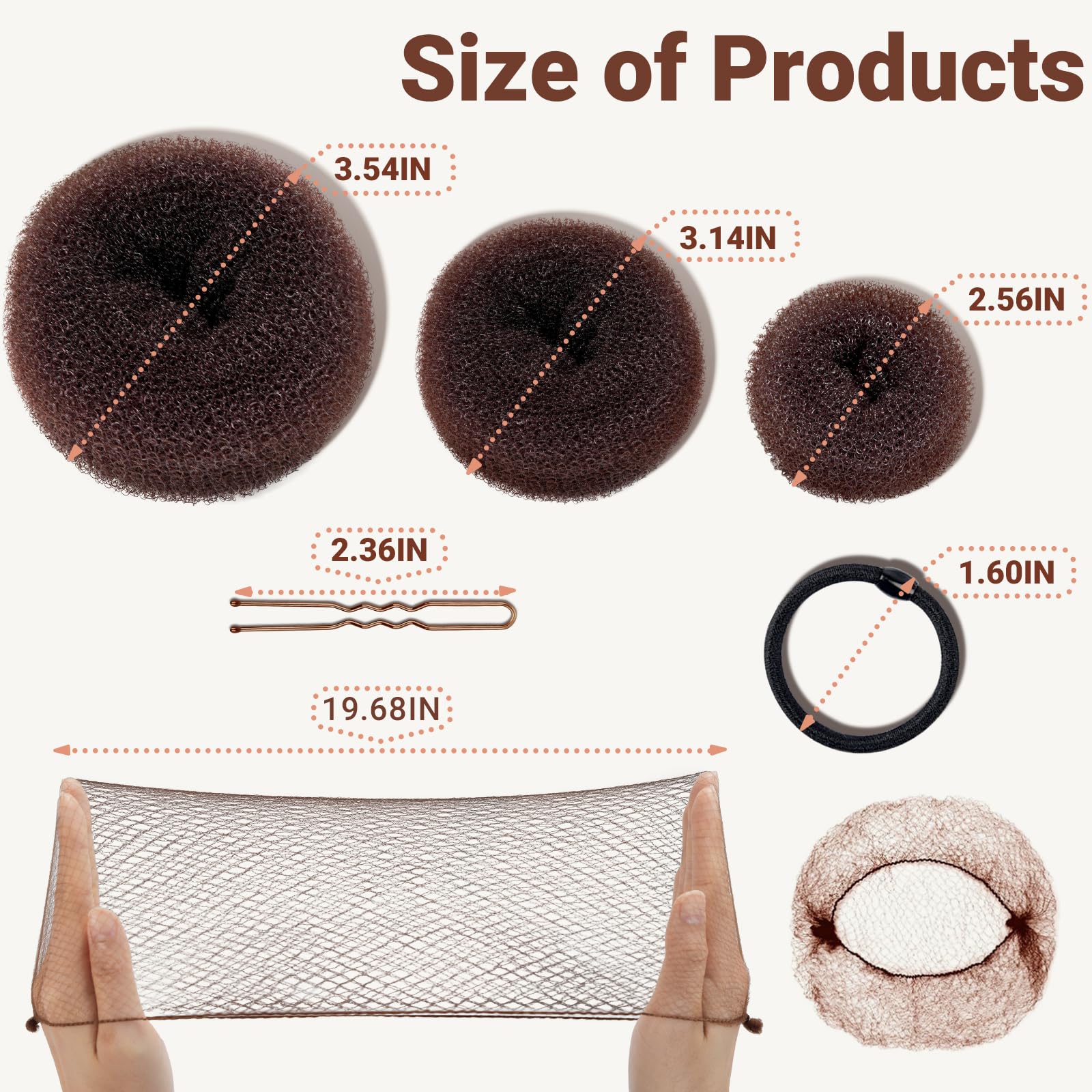 Close up of three different sizes of brown nylon donut hair bun shapers for varying hair volumes.