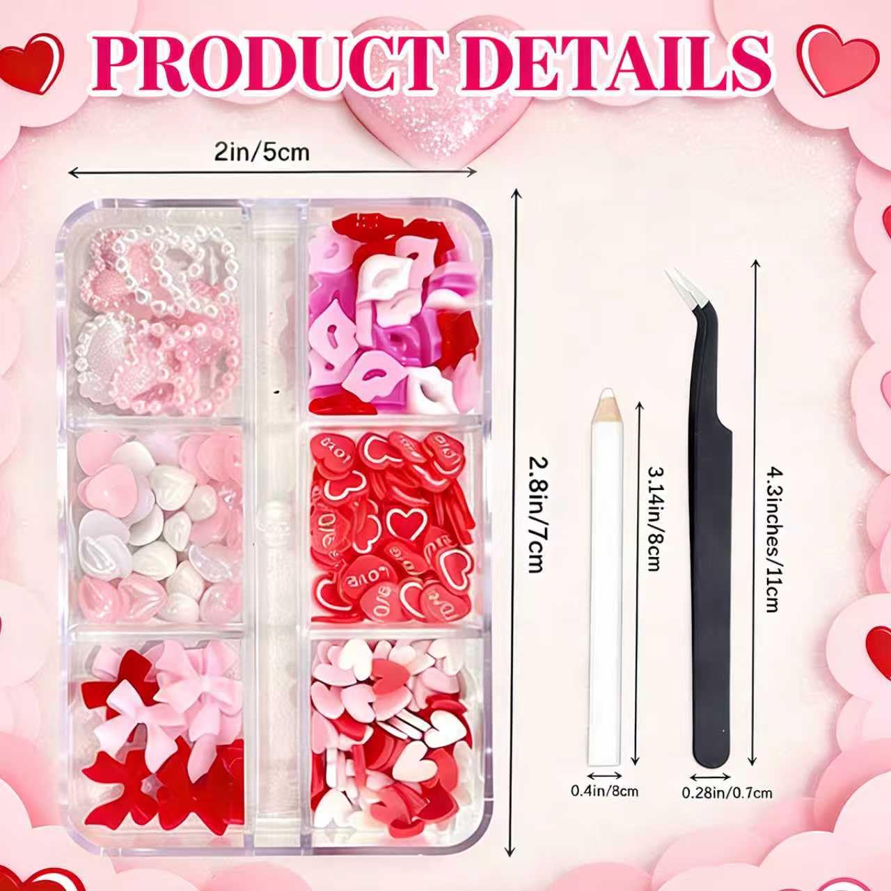 Assorted red and pink heart resin nail gems for acrylic nails