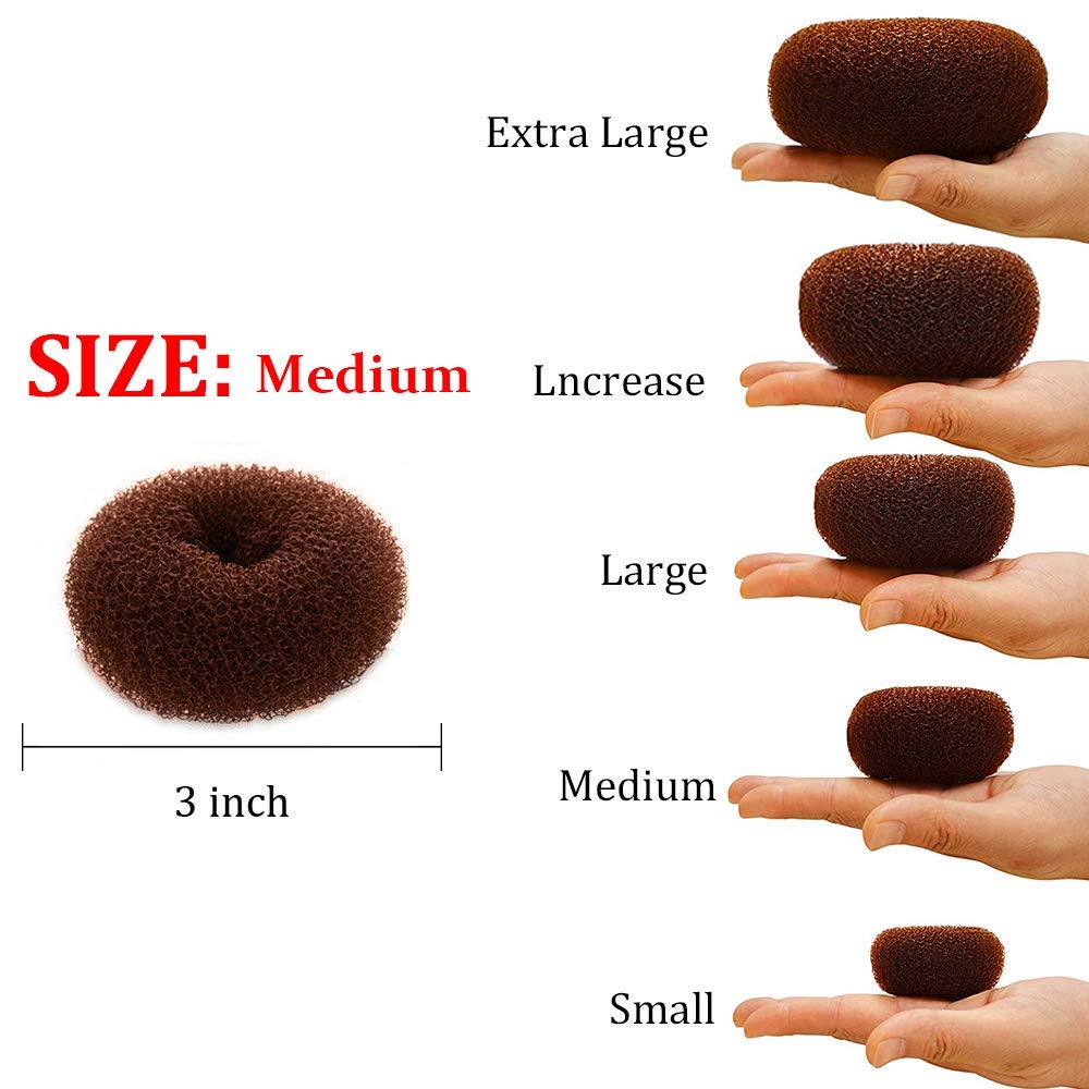 Two pieces of three inch brown hair donut rings for chignon styling.