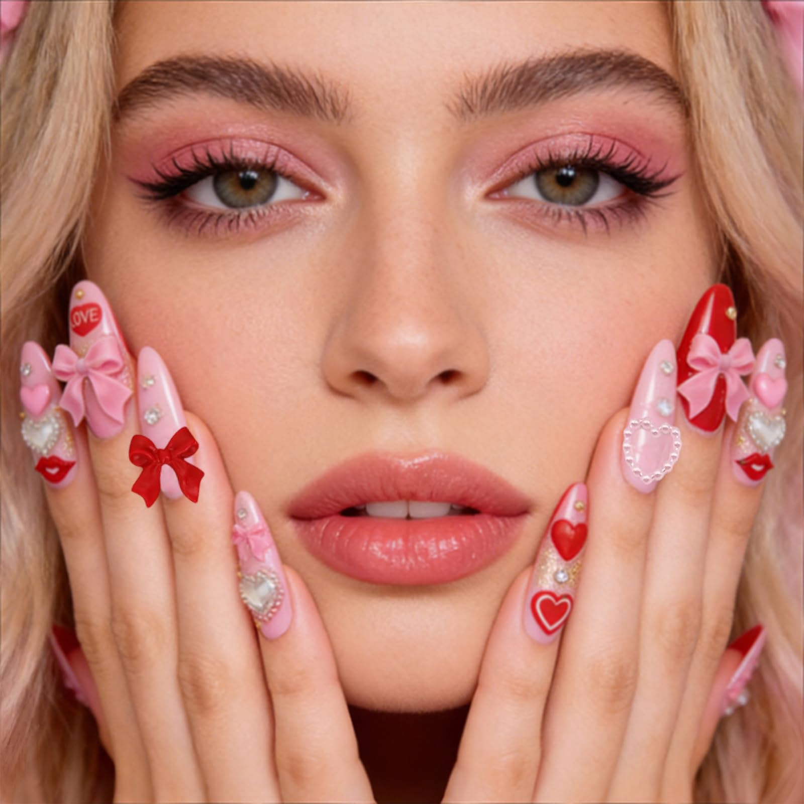 3D lips and bow nail charms inside organized grid box