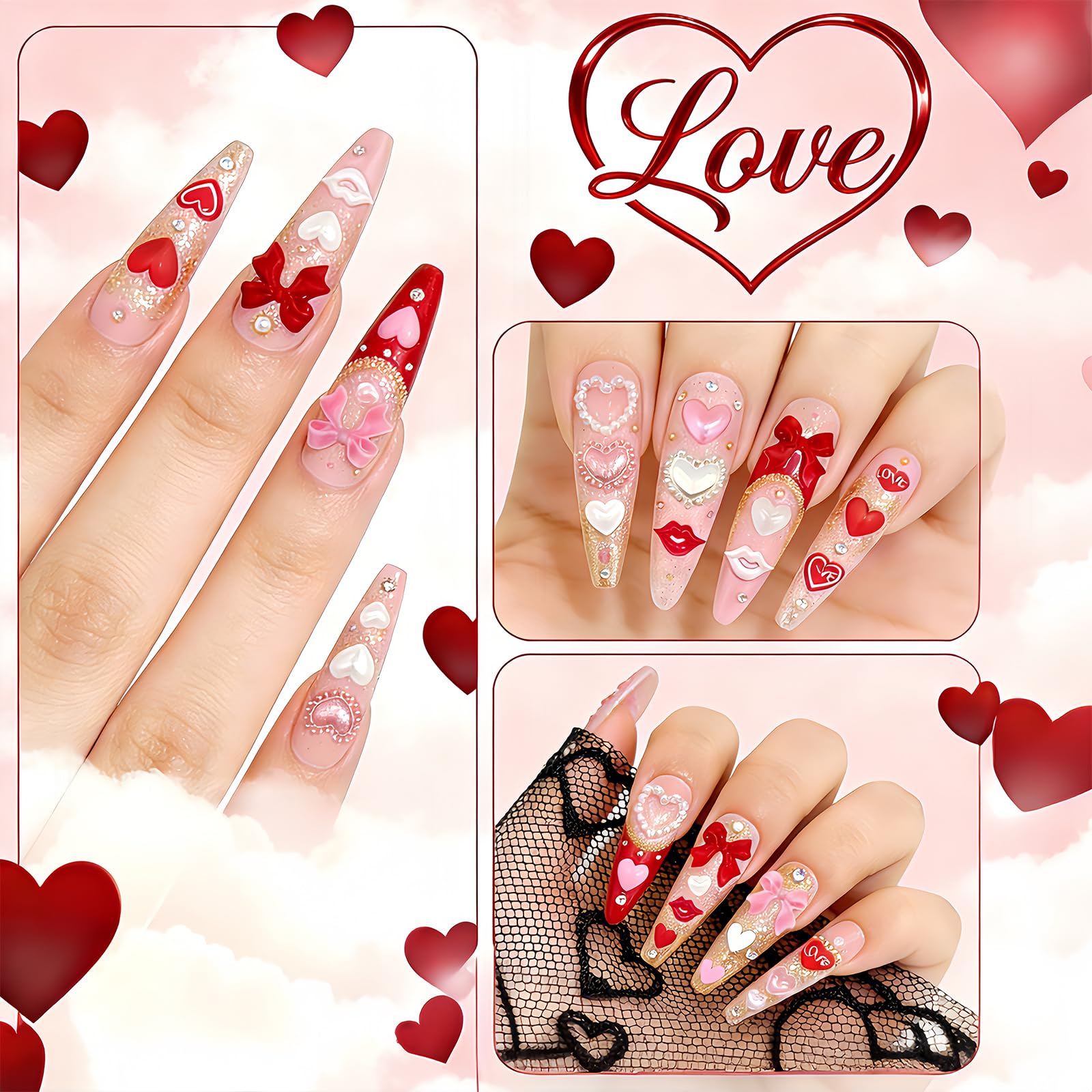 Close up of valentine themed flat back resin nail decorations