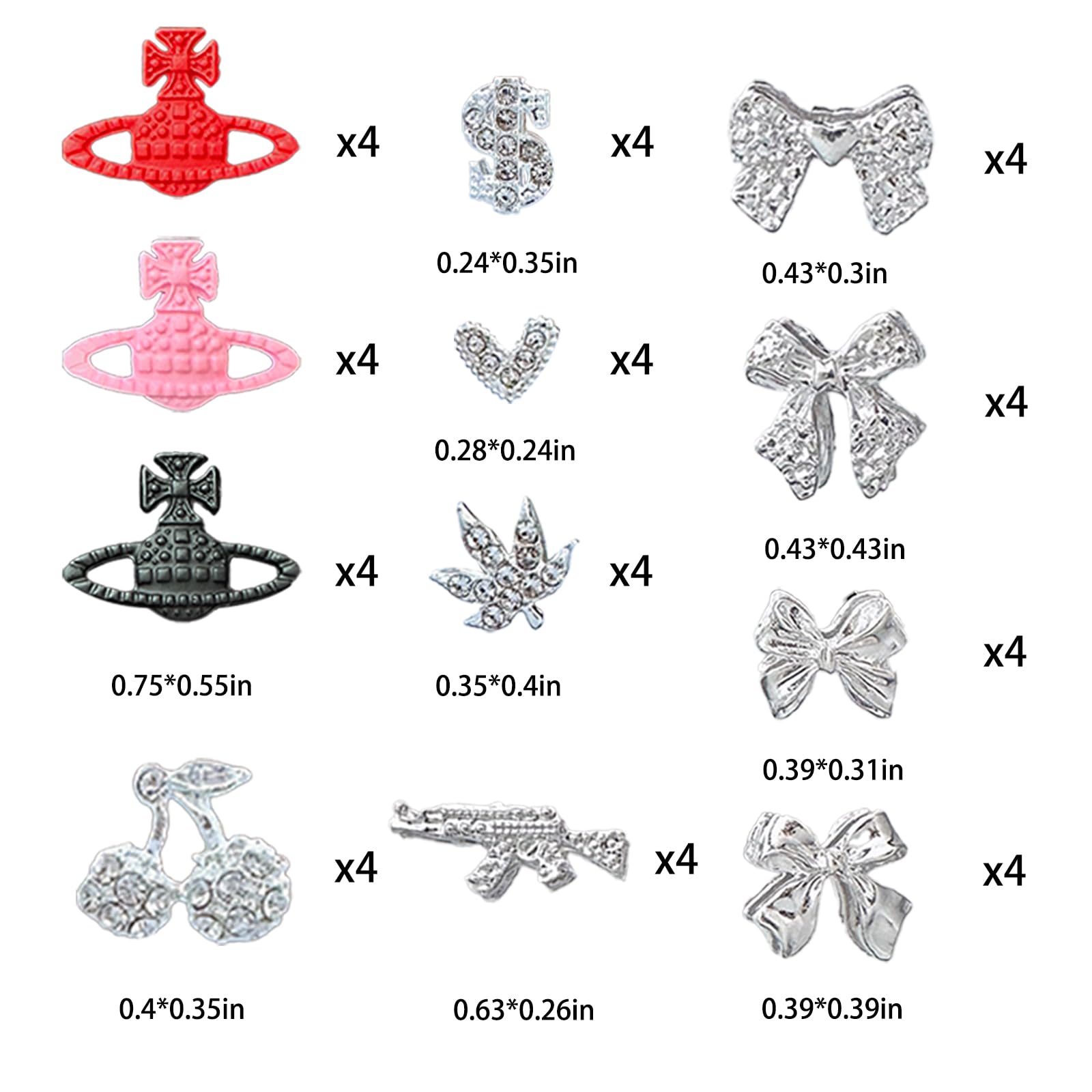 Assorted silver alloy gun and dollar sign nail jewelry pieces laid out flat