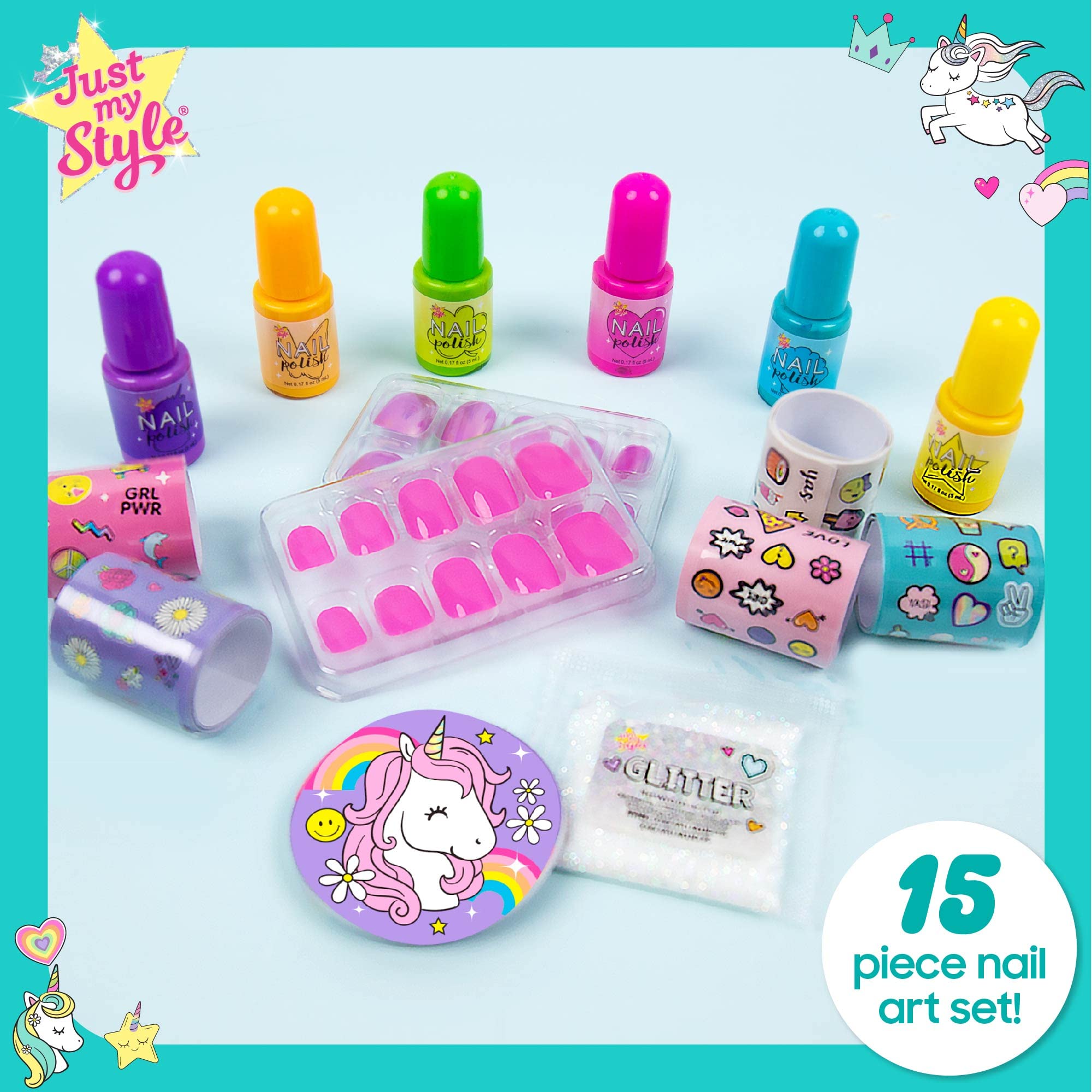 Just My Style kids manicure set unboxed displaying six vibrant nail polish bottles.