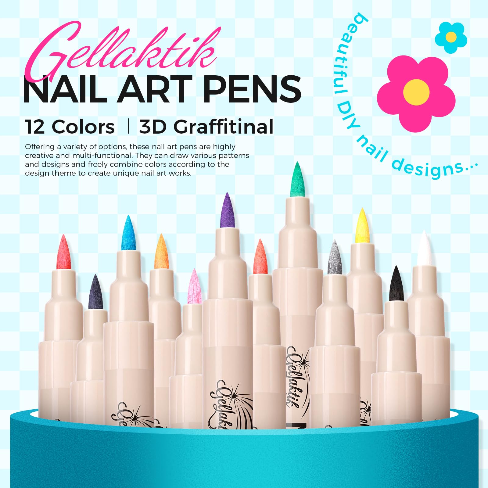 Gellaktik nail art pens showing 0.7mm fine tip detail