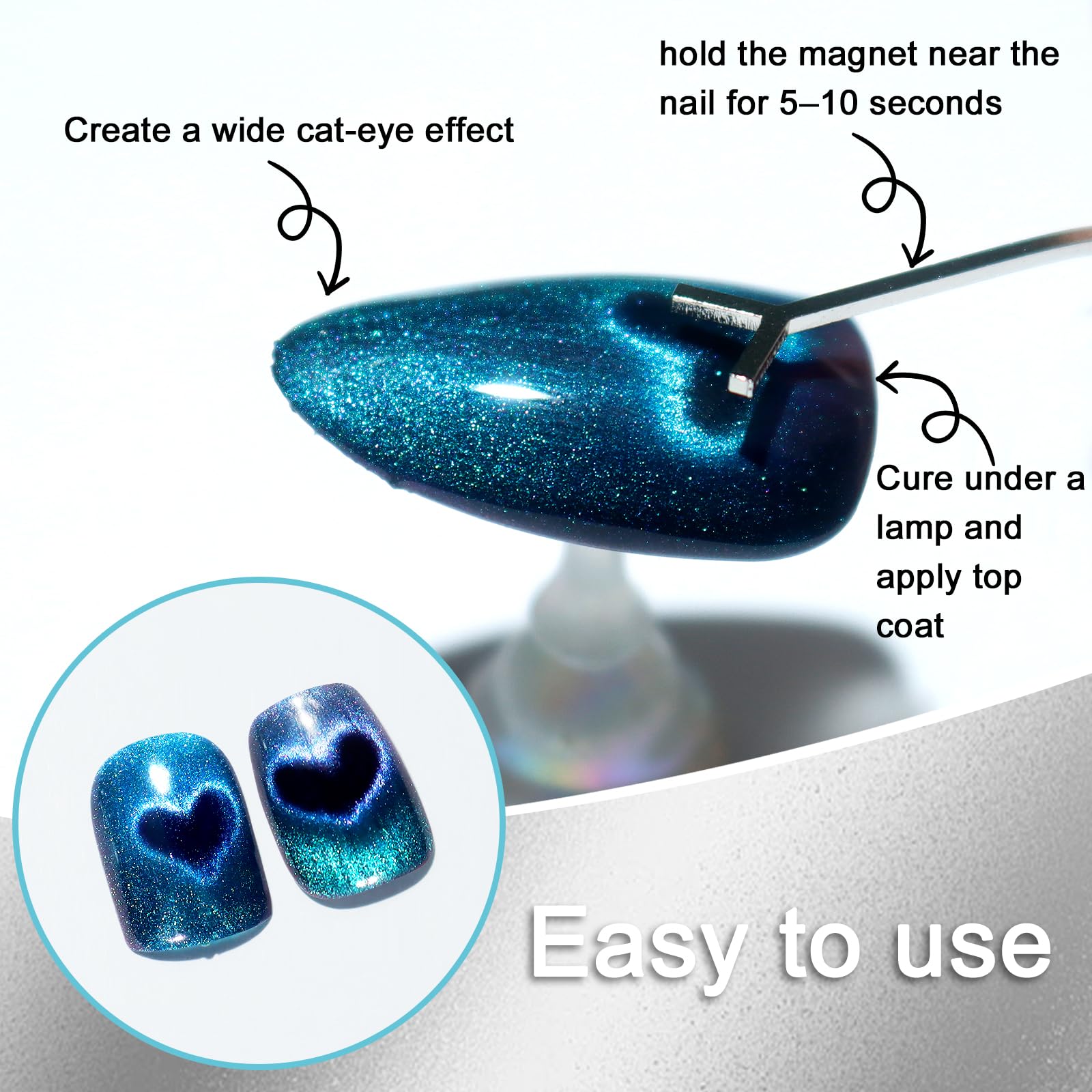 Close up of heart cat eye nail design created with Appetina magnet