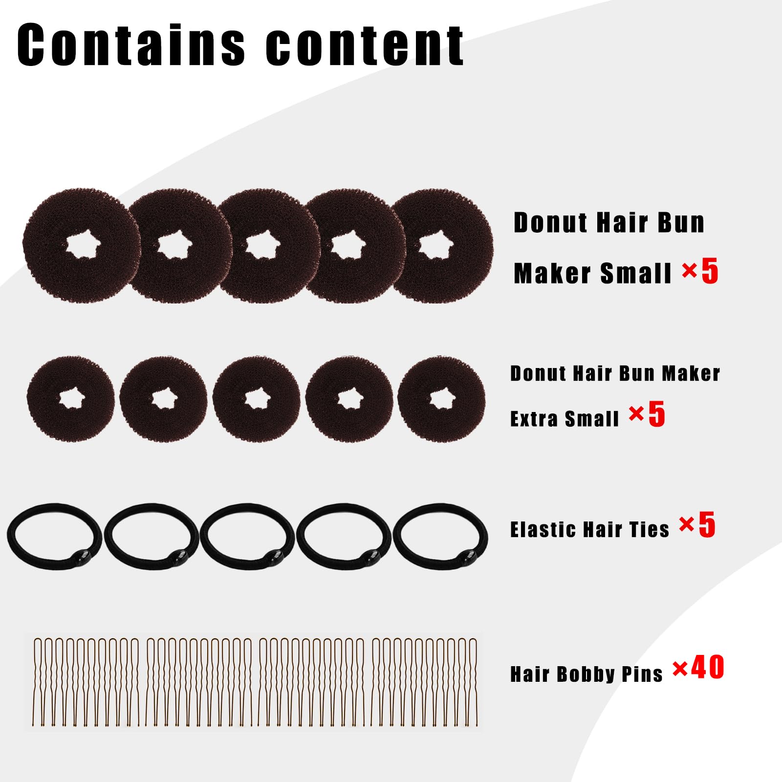 Included black elastic hair ties and forty metal bobby pins for secure styling