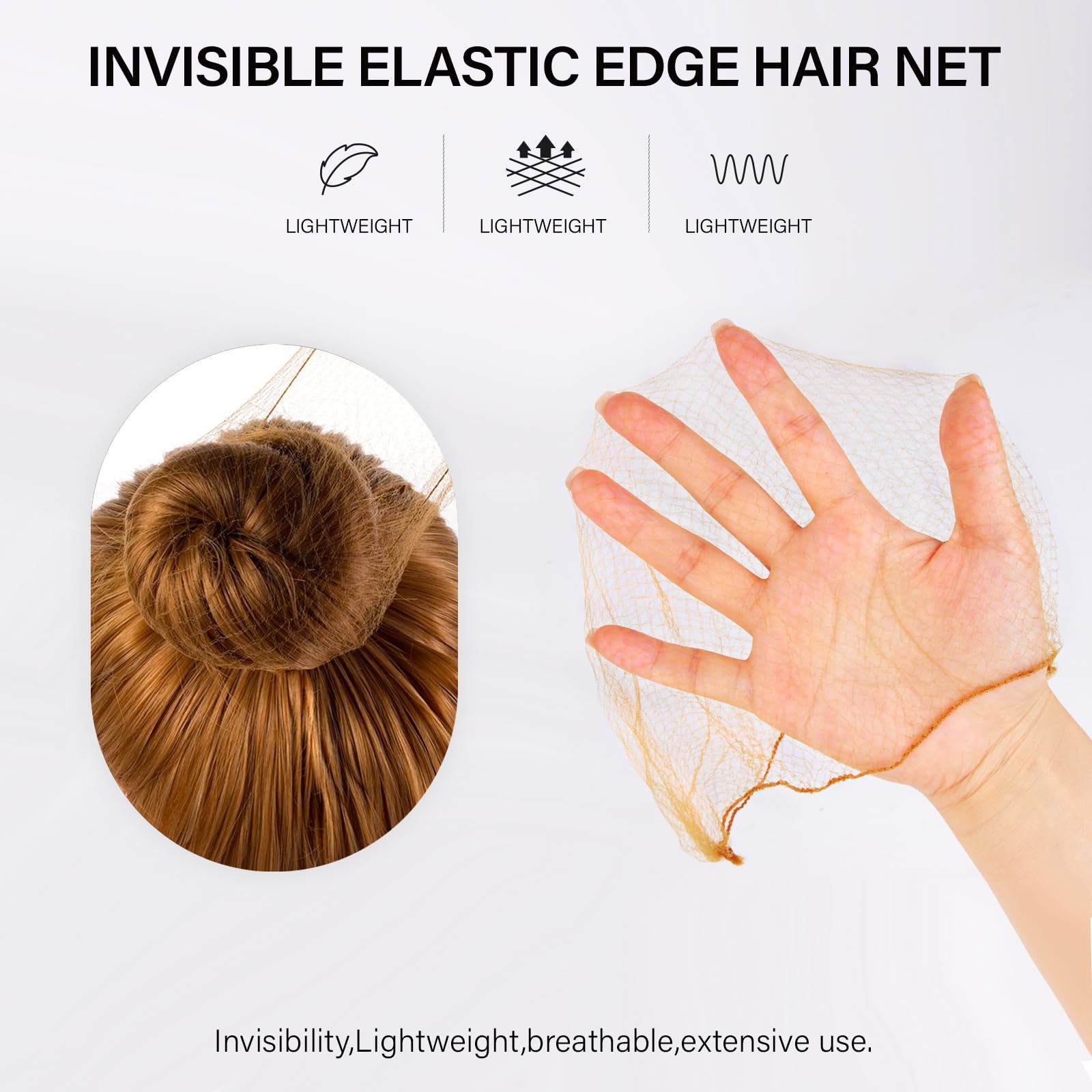 Light brown elastic edge mesh hair net stretched to twenty inches