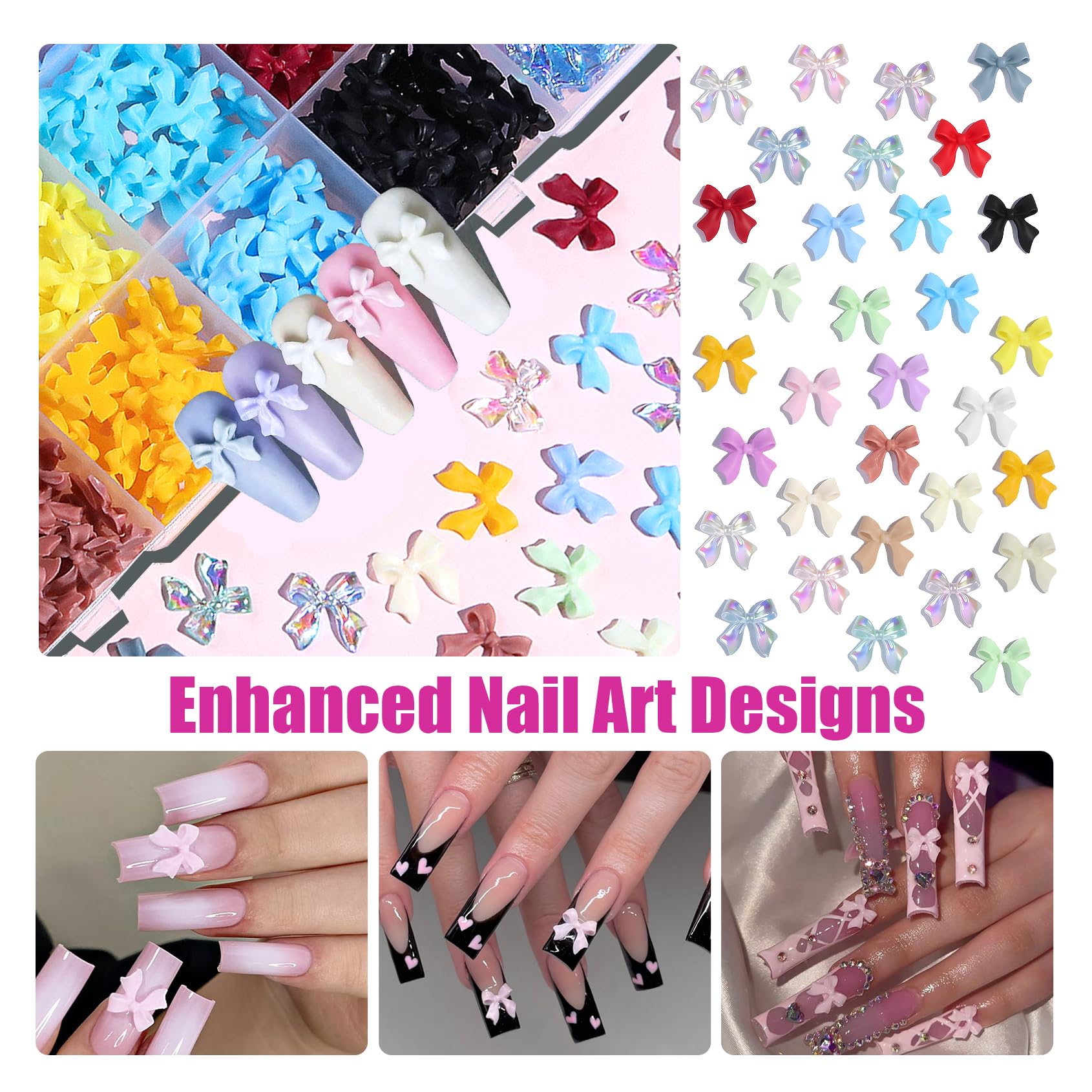 Variety of transparent and solid color bow nail decorations